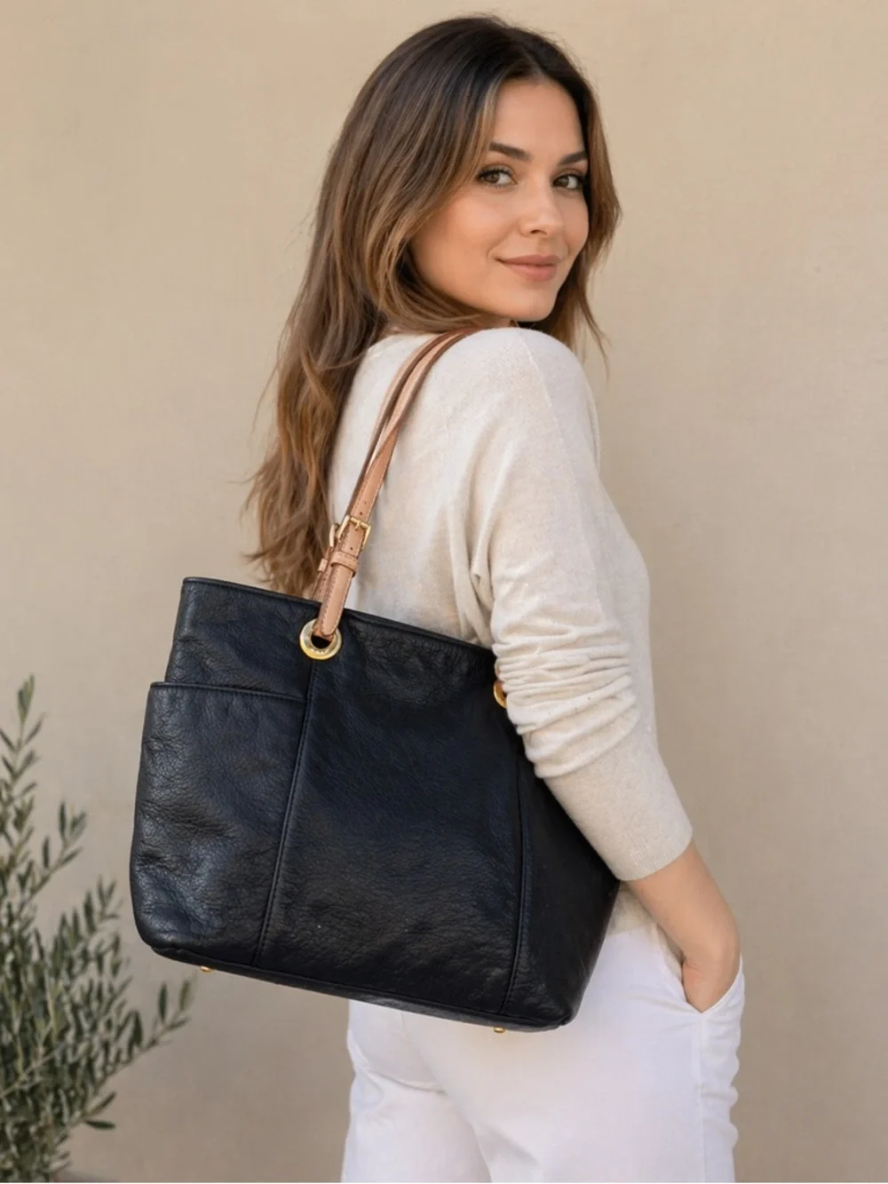 Michael Kors Black Pebbled Leather Jet Set Tote Shoulder Bag Gold Hardware LG